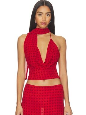 Red Polka Dot Halter Camisole with Draped Scarf Neckline